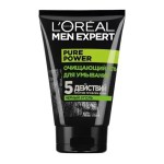 Гель для умывания для мужчин, L'Oreal (Лореаль) 100 мл мен эксперт Пьюр пауэр черный уголь очищающий 5 действий туба